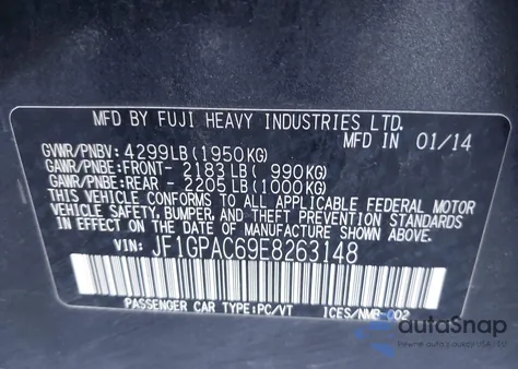 2014 Subaru Impreza 2.0I Premium from USA, damaged, VIN JF1GPAC69E8263148